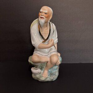 Vtg Chinese Shiwan Farmer Mud Man Glazed Porcelain Figure Conical Hat White